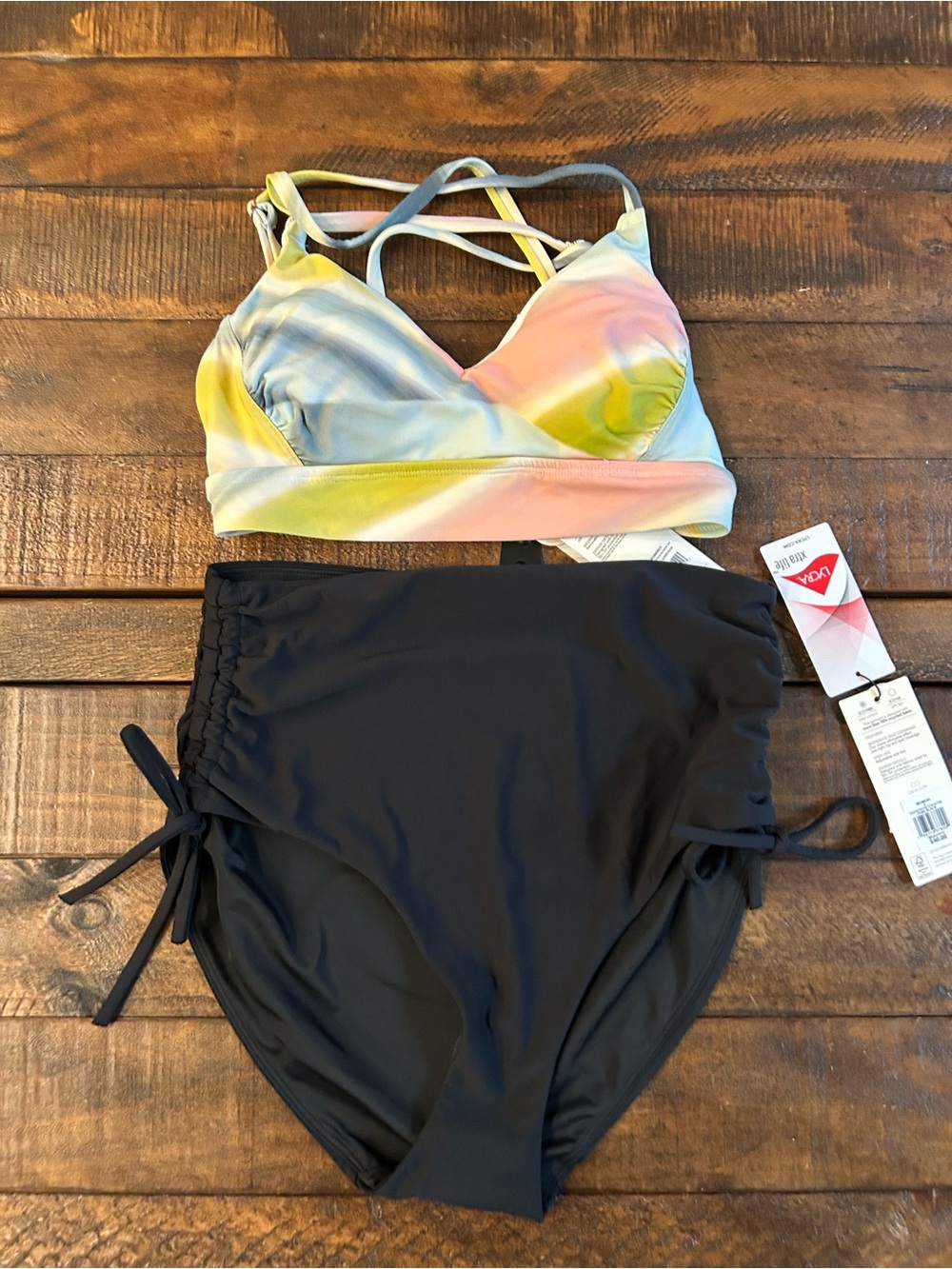 Women's High-Waist Swim Set with Pastel Tie-Dye Top and Black Bottom